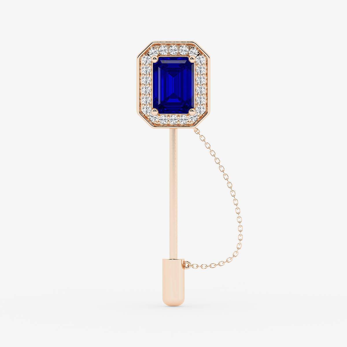 5 ctw Emerald Cut Sapphire with Round Lab Grown Diamond Halo Lapel Pin